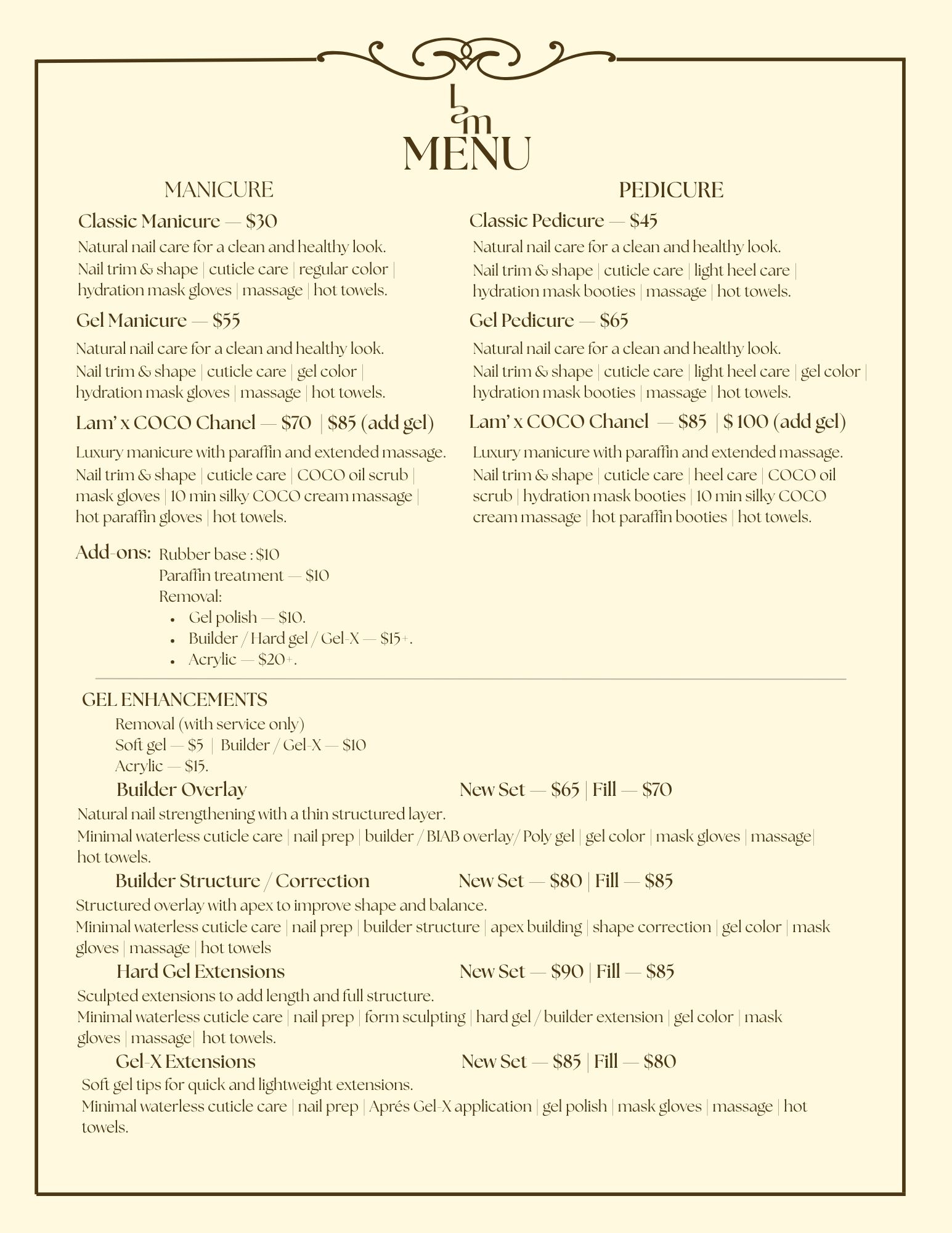 Menu page 1 showing services and prices