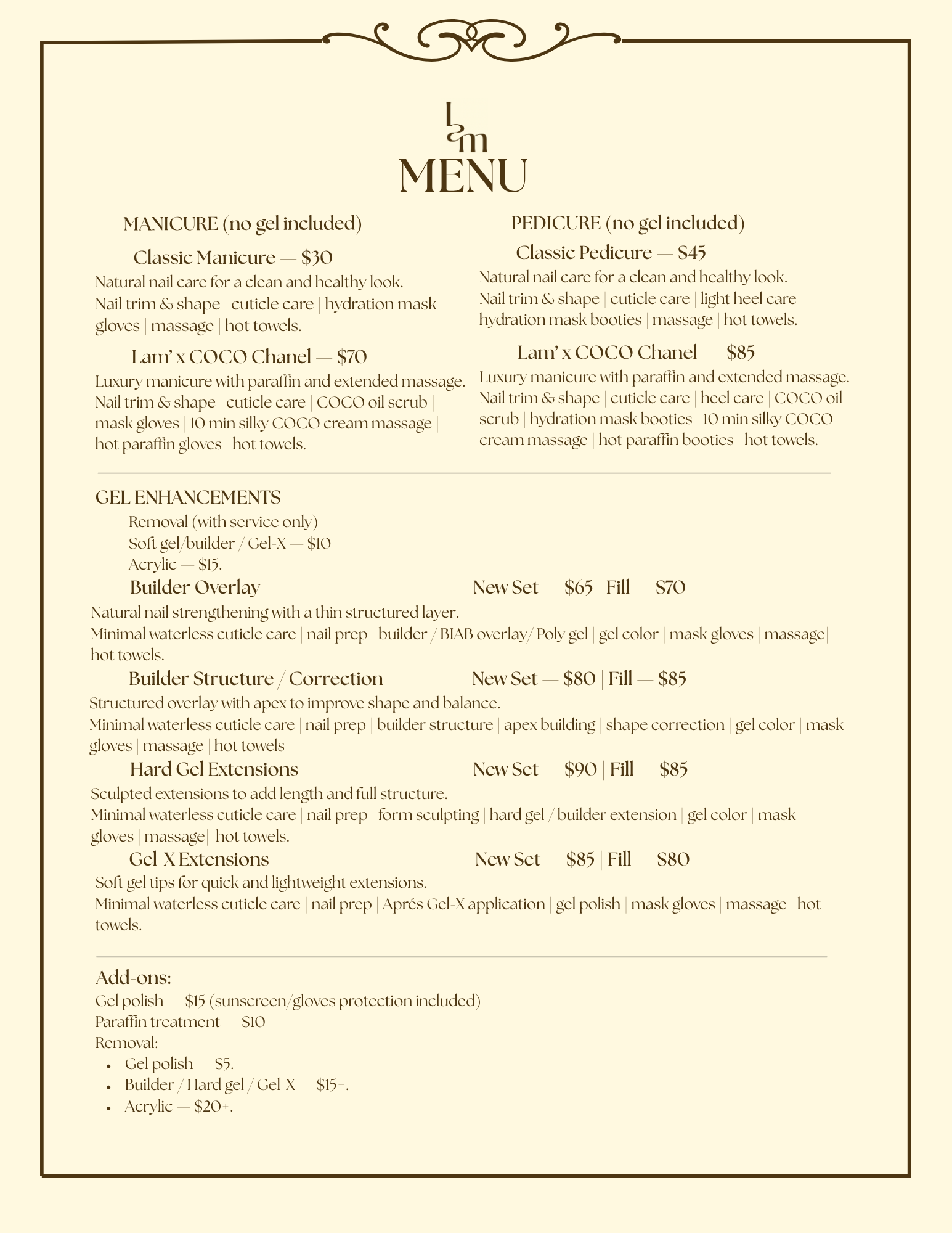 Menu page 1 showing services and prices