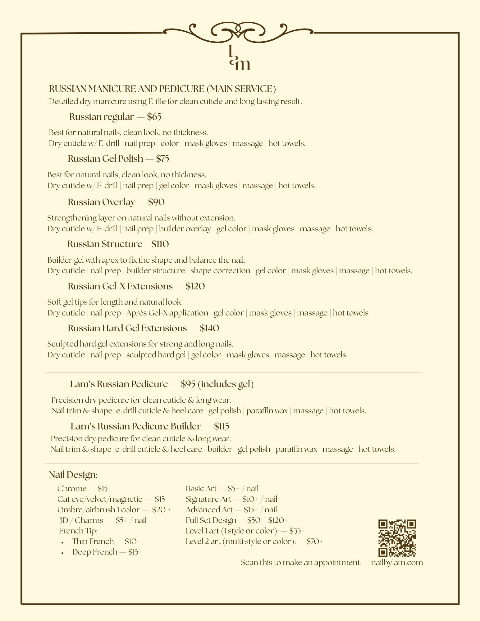 Menu page 2 showing services and prices
