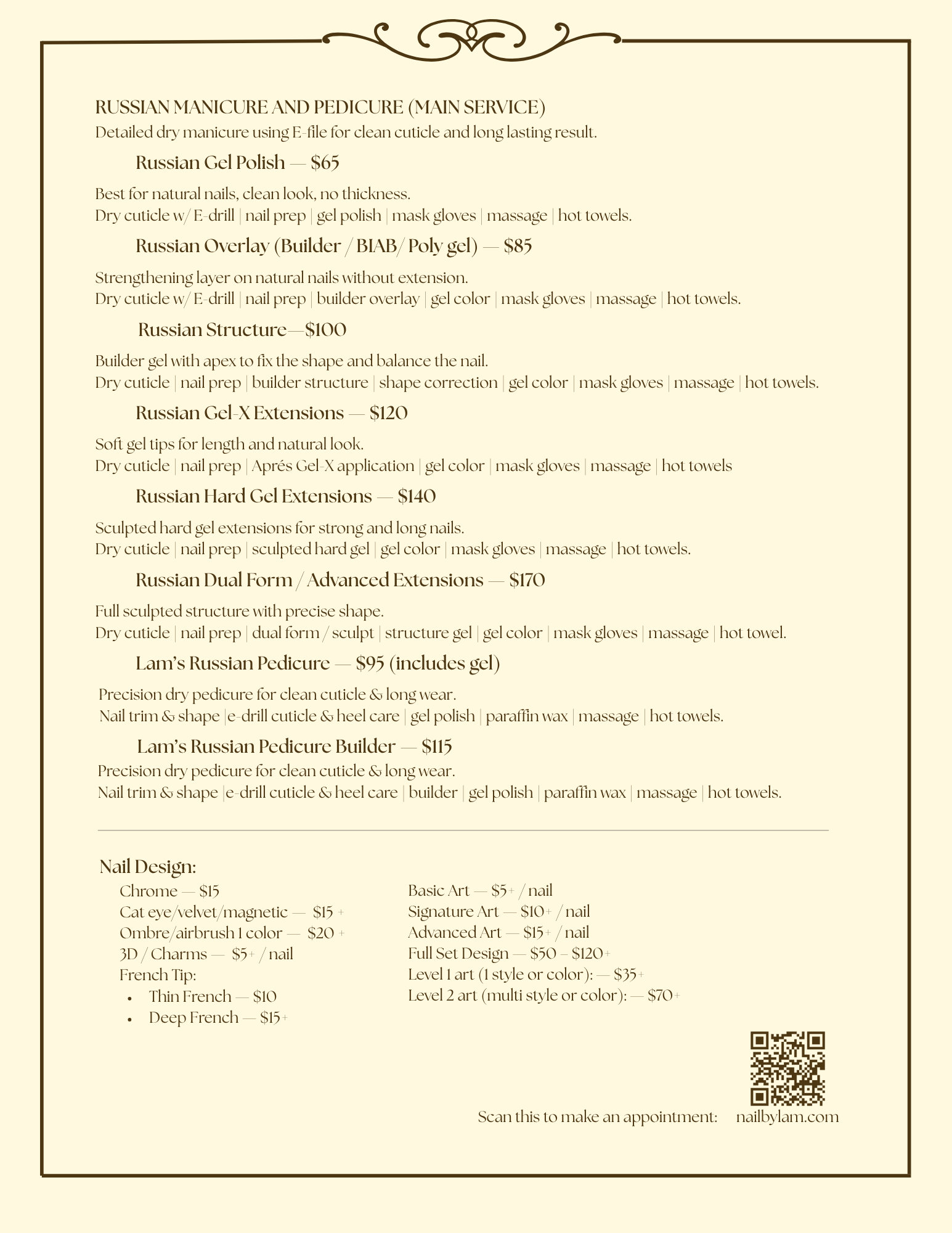 Menu page 2 showing services and prices